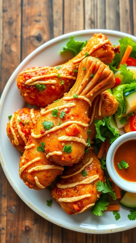 Crispy garlic parmesan chicken drumsticks on a plate, garnished with parsley, served with salad.